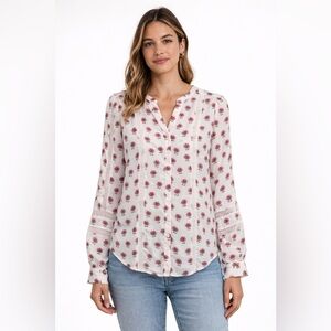 LOFT Floral V-Neck Button Down Blouse XS White Burgundy Long Sleeve Lace Detail